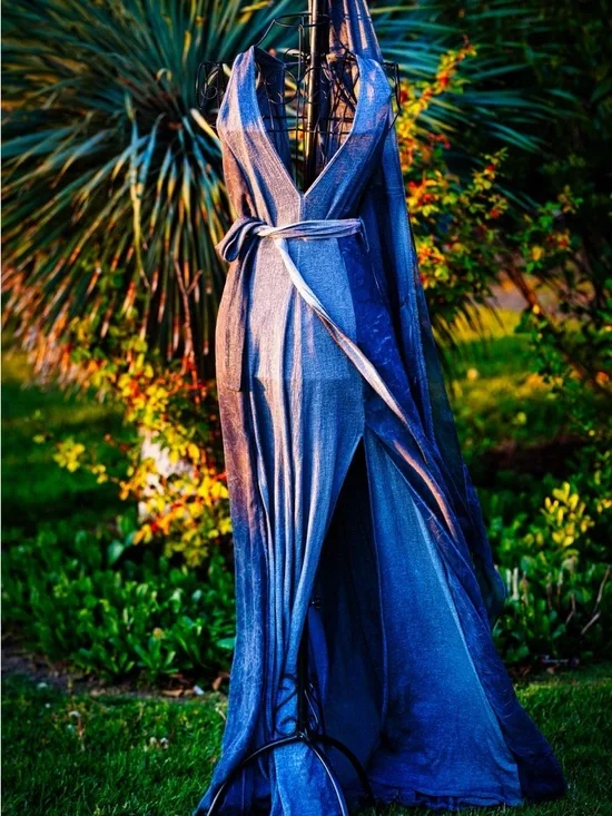 Zhenabia Blue Linen Hooded Maxi Dress - Ethereal Bohemian Goddess Vibes - Picture 5 of 6